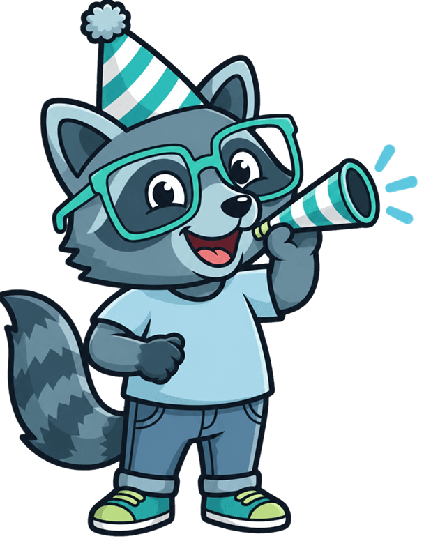 Maskot KreativLabs memakai topi pesta anniversary